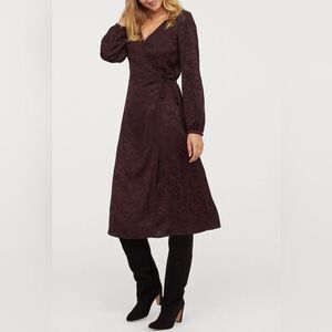 H&M Vintage Inspired Elegant Wrap Dress Rich Burgundy Color floral size 10